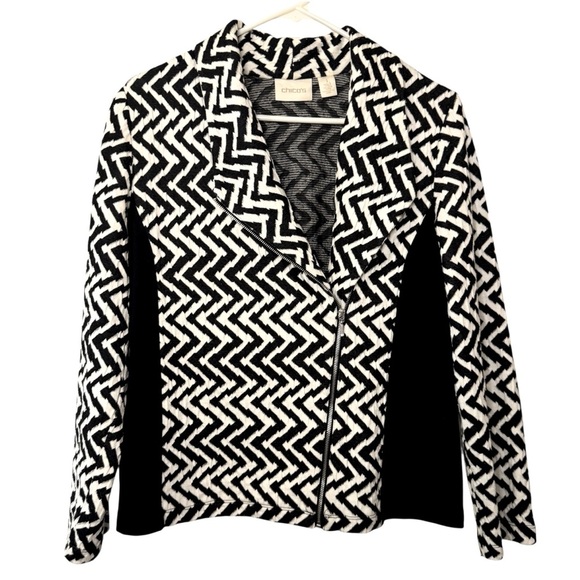 Chico's Black White Zig Zag Stripe Asymetric Zip Lightweight Moto Jacket Size M - Picture 1 of 12
